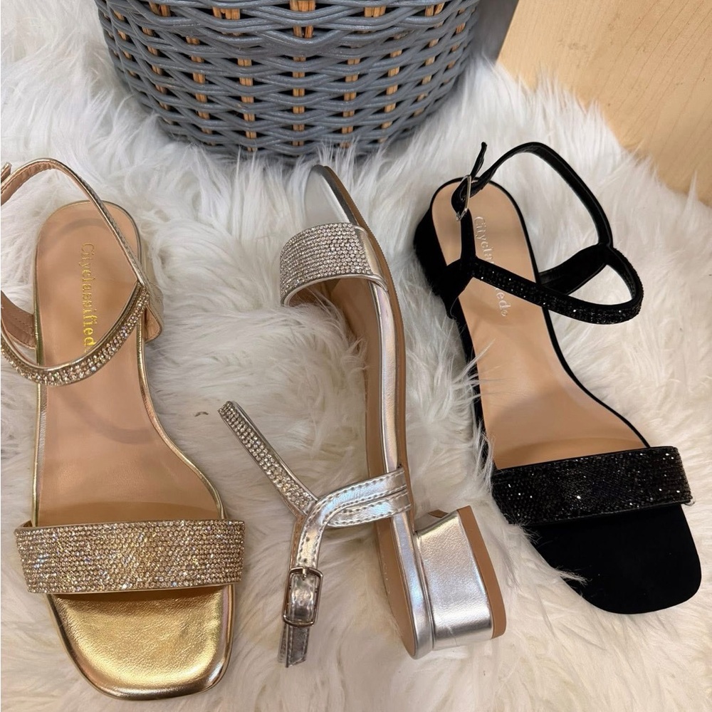 BLACK Low block Heels Crystal Embellished Slingback Sandals